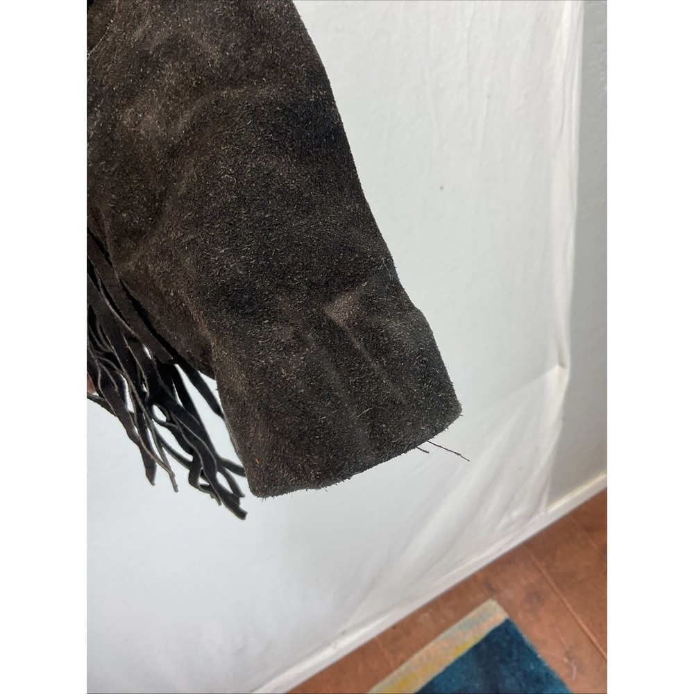 VTG Pioneer Wear Black Suede Leather Fringe 3 Button Short Jacket Western 8‎ - Picture 5 of 12